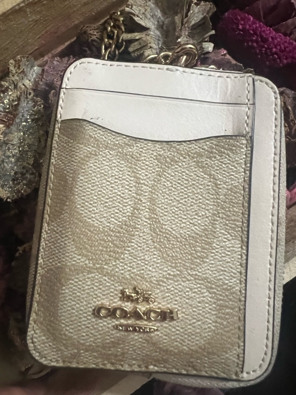 Coach Metallic Champagne Card Case with White Trim and Gold Hardware